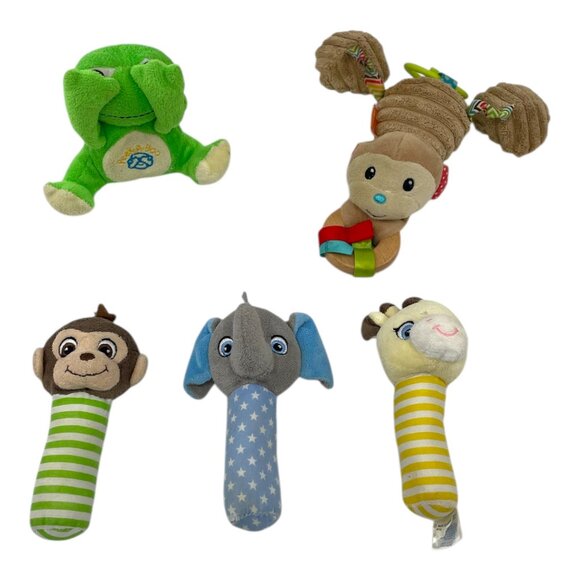 Baby Toy Plush Animal Rattle & Teether Sensory Activity Bundle Monkey Frogs - Picture 1 of 8
